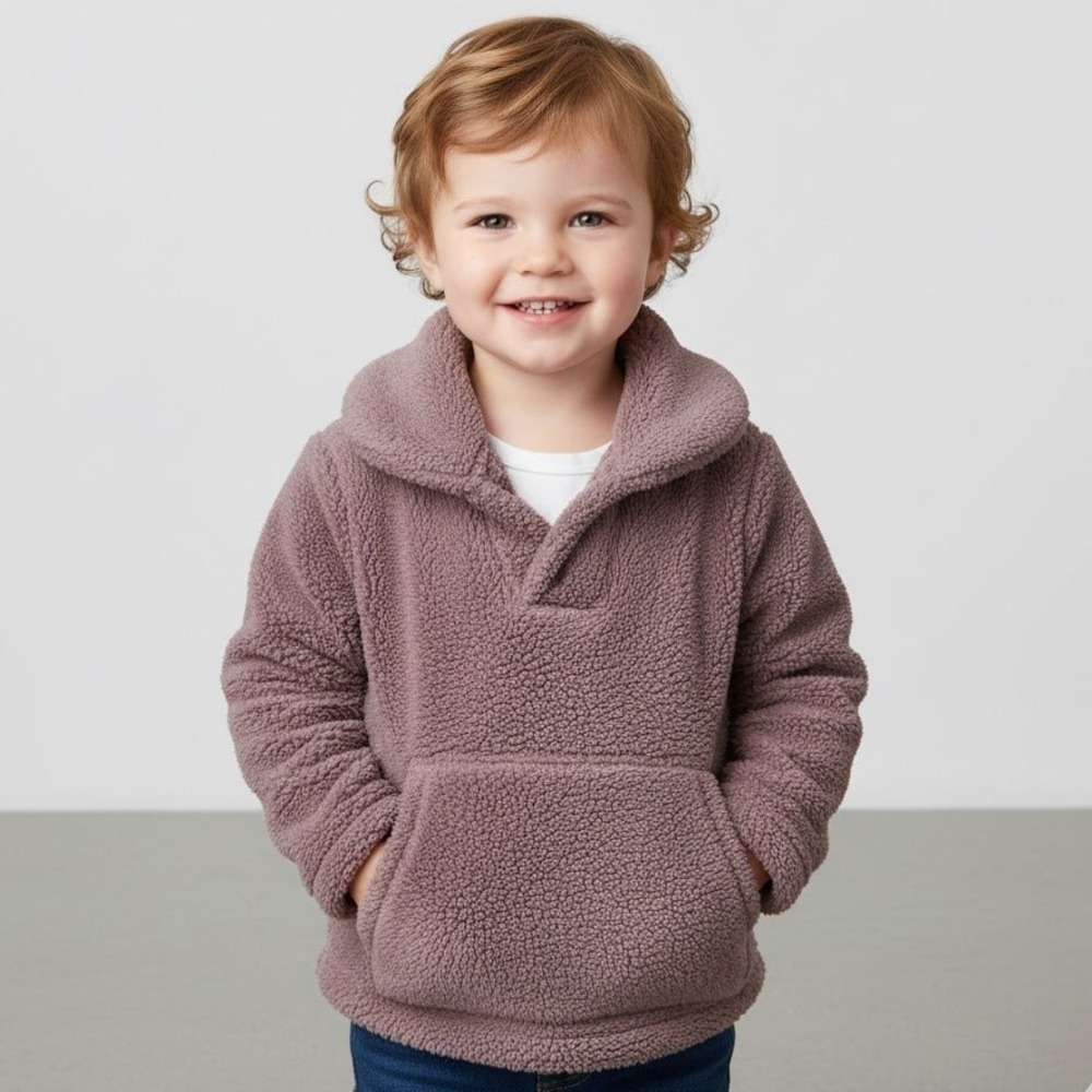 Lands End Brown Fleece Pullover Sweater Wi Neck Button Purple Kids Size M 5-6